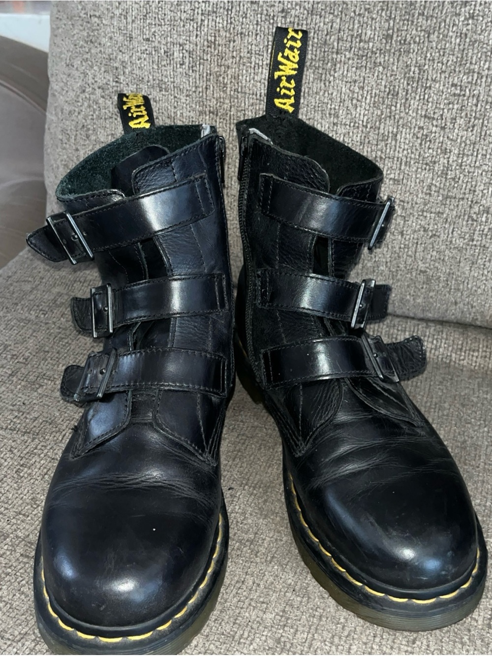 Dr. Martens Black Leather Triple-Strap Combat Boots with Yellow Stitching